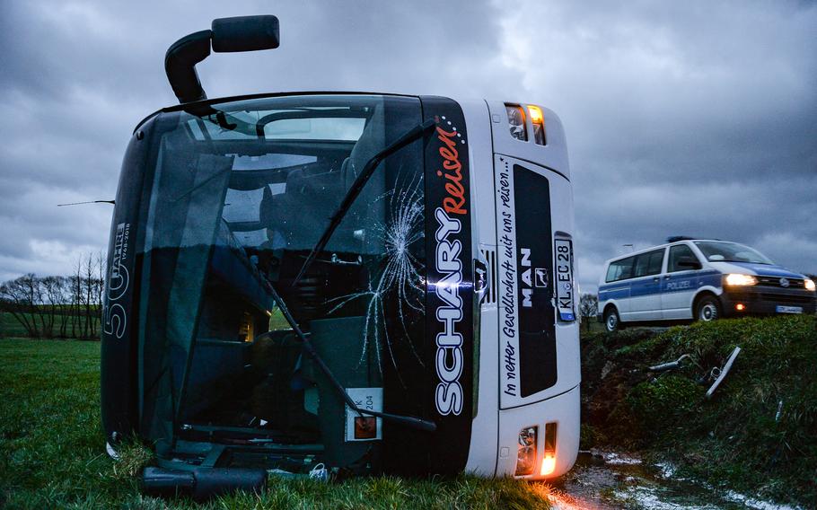 A bus carrying Defense Department school students overturned near Weilerbach, Germany, on March 10, 2023. Several weeks later, another bus that was under contract with the Department of Defense Education Activity in Germany was removed from service after failing a roadside safety inspection April 25.