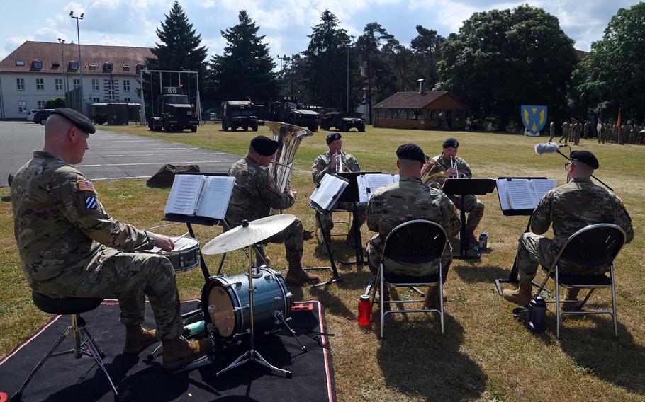 The U.S. Army Europe and Africa Band’s brass quintet provided the music at the 21st Theater Sustainment  Command’s change of command ceremony at Daenner Kaserne in Kaiserslautern, Germany, Wednesday, June 7, 2023.