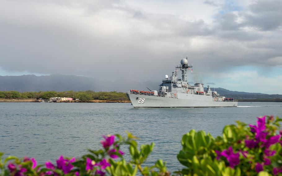 Peruvian Navy corvette BAP Guise departs Pearl Harbor, Hawaii, to begin the at-sea phase of Rim of the Pacific exercise, July 12, 2022. 