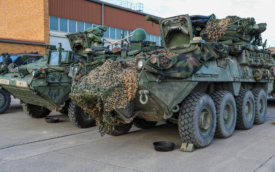 Strykers of the Vilseck, Germany-based 2nd Cavalry Regiment are prepared for exercise Griffin Shock, May 9, 2023. The exercise calls for expanding the U.S.-led force from a battalion to brigade-sized element of some 3,000 troops, V Corps said in a statement May 11, 2023. The exercise ends May 26.