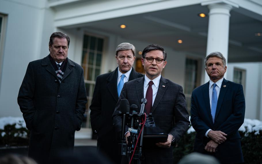 House Speaker Mike Johnson (R-La.) speaks to the new media alongside, from left, Reps. Michael R. Turner (R-Ohio), Mike D. Rogers (R-Ala.) and Michael McCaul, (R-Texas) on Jan. 17, 2024.