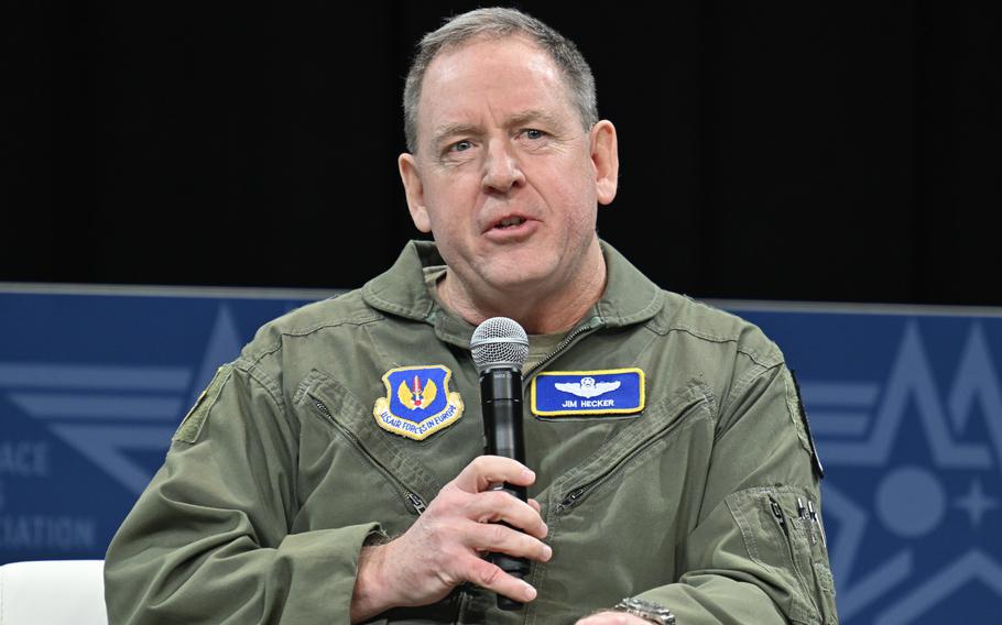Air Force Gen. James Hecker, commander of U.S. Air Forces in Europe and Africa, speaks March 8, 2023, at the Air and Space Forces Association 2023 Warfare Symposium in Aurora, Colo.