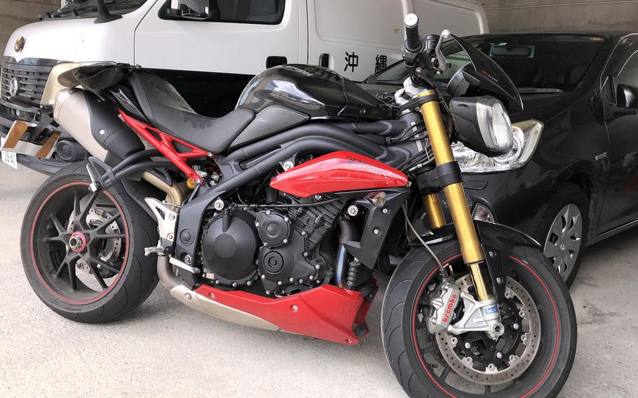 A Triumph Speed Triple sits damaged at the police station in Nago, Okinawa, Wednesday, May 31, 2023.