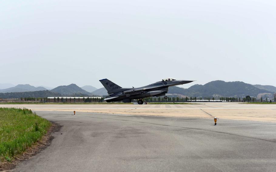 A U.S. Air Force F-16 Fighting Falcon takes off from Gwangju Air Base.
