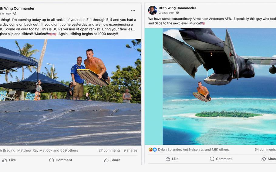 Airman 1st Class Bailey Poage starred in a series of slip-and-slide inspired posts on 36th Wing commander Brig. Gen. Thomas Palenske’s Facebook page from a block party at Andersen Air Force Base Guam, on July 5-6, 2024.
