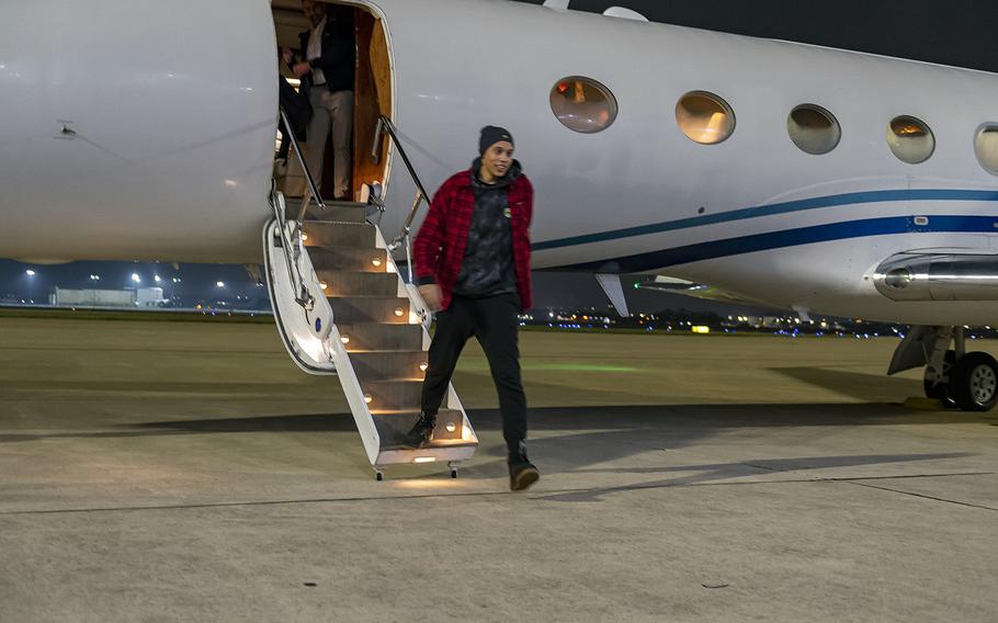 WNBA star Brittney Griner arrives at Kelly Field in San Antonio following her release in a prisoner swap with Russia, on Dec. 9, 2022. “It feels so good to be home!” Griner posted to Instagram on Friday, Dec. 16, 2022, and said she plans on play basketball again next season for the WNBA’s Phoenix Mercury.