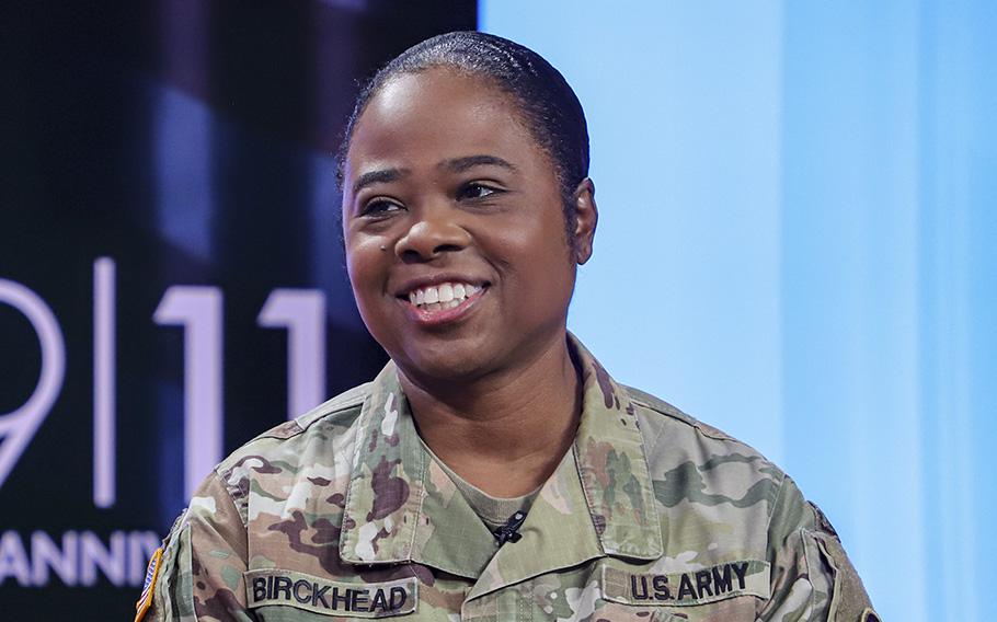 Brig. Gen. Janeen Birckhead, commander of the Maryland Army National Guard, answers questions during an interview in Baltimore, Md., on Sept. 11, 2022.