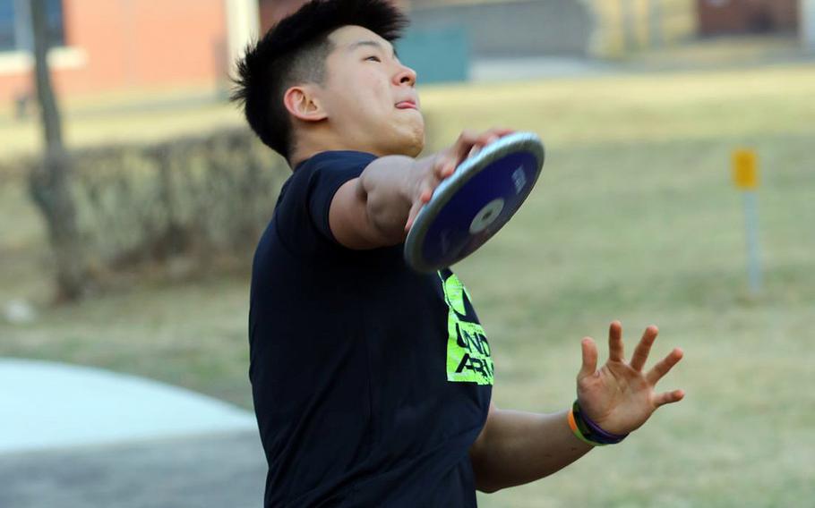 Osan sophomore Edward Kim, who won the Far East Division II virtual triple jump last spring, is also trying his hand at throwing.