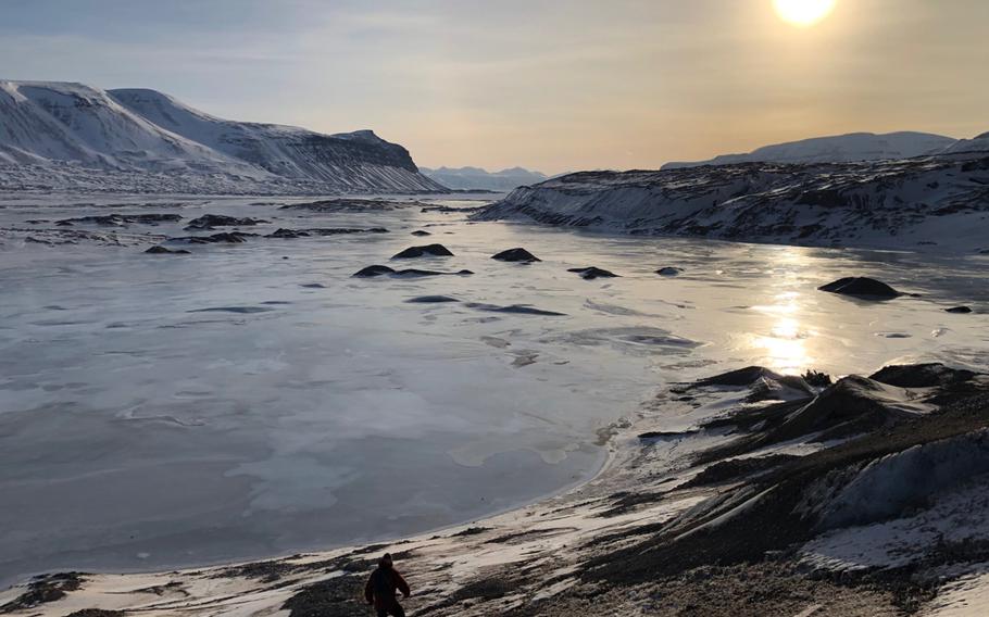 Large proglacial icing in the forefield of a glacier on Svalbard, Norway. As Arctic glaciers melt, they are unlocking huge volumes of ancient methane gas, which contributes to rising temperatures.