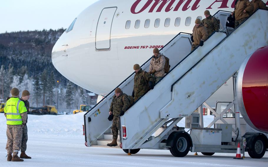 U.S. troops from II Marine Expeditionary Force disembark in Bardufoss, Norway, Feb. 12, 2024, to take part in the NATO exercise Nordic Response.