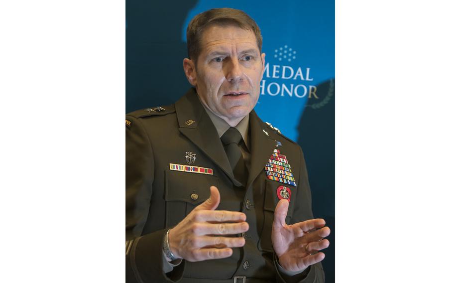 Maj. Gen. Patrick Roberson, Deputy Commanding General of the U.S. Army Special Operations Command, attends a media event on Thursday, March 2, 2023, in Arlington, Va., where he answered questions about retired Special Forces Army Col. Paris Davis, who is to receive the Medal of Honor at a White House ceremony on Friday.