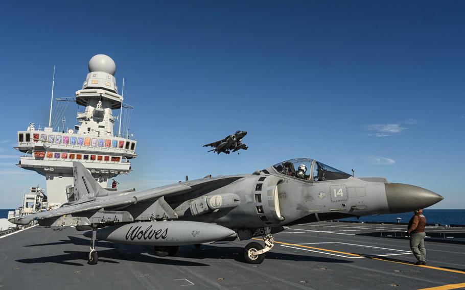 The Italian navy aircraft carrier Cavour and its fleet of Harrier jets participate in an exercise in 2022. Italy, France and Germany are proposing to form a European Union Red Sea task force to defend shipping in the Middle East, as the U.S.-led Operation Prosperity Guardian continues in the area. 