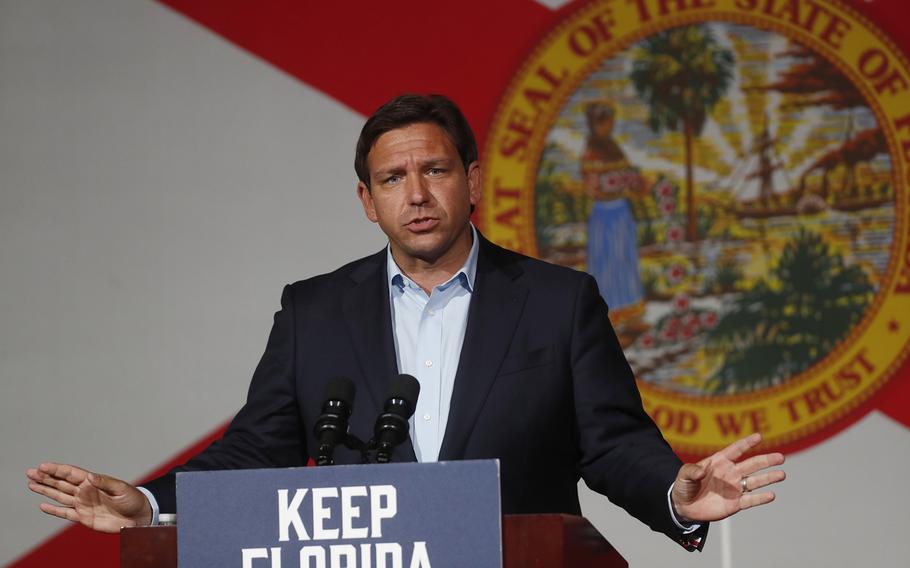 Republican Florida Gov. Ron DeSantis speaks at a campaign rally at the Cheyenne Saloon on Nov. 7, 2022, in Orlando, Fla. 
