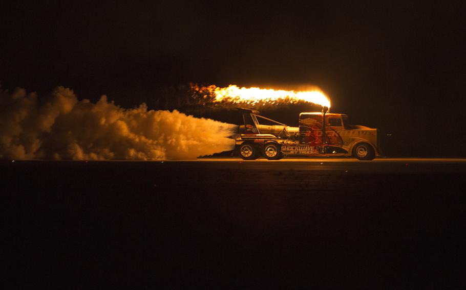 The Shockwave Jet Truck races down the flight line during the Marine Corps Community Services-sponsored 2014 Air Show at Marine Corps Air Station Miramar, San Diego, Calif., in 2014.