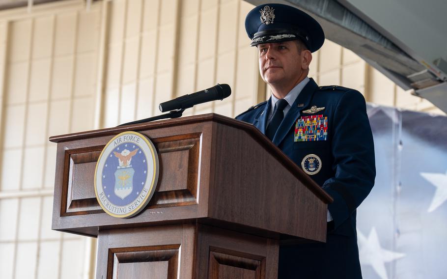 Air Force Brig. Gen. Christopher Amrhein, commander of Air Force Recruiting Service, speaks June 2, 2023, at Joint Base San Antonio-Randolph, Texas.