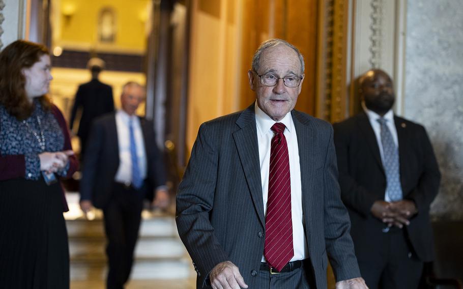 Sen. Jim Risch, R-Idaho, leaves the Senate Chambers during a series of votes in the U.S. Capitol Building on May 11, 2022, in Washington, DC. 