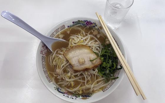 The chuka ramen at Suehiro Shokudo in Iwakuni, Japan, comes with a slice of pork, bean sprouts, green onions and plenty of noodles for 820 yen.