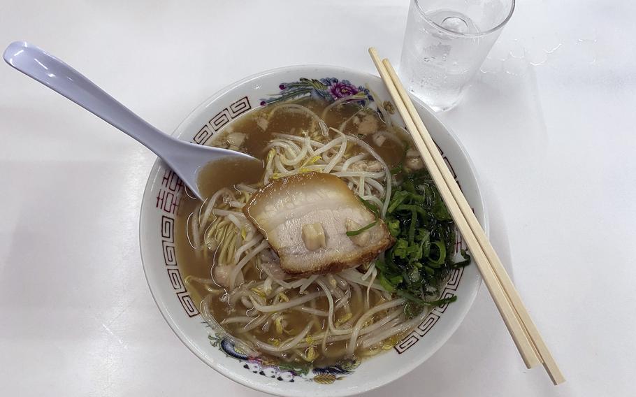 The chuka ramen at Suehiro Shokudo in Iwakuni, Japan, comes with a slice of pork, bean sprouts, green onions and plenty of noodles for 820 yen.