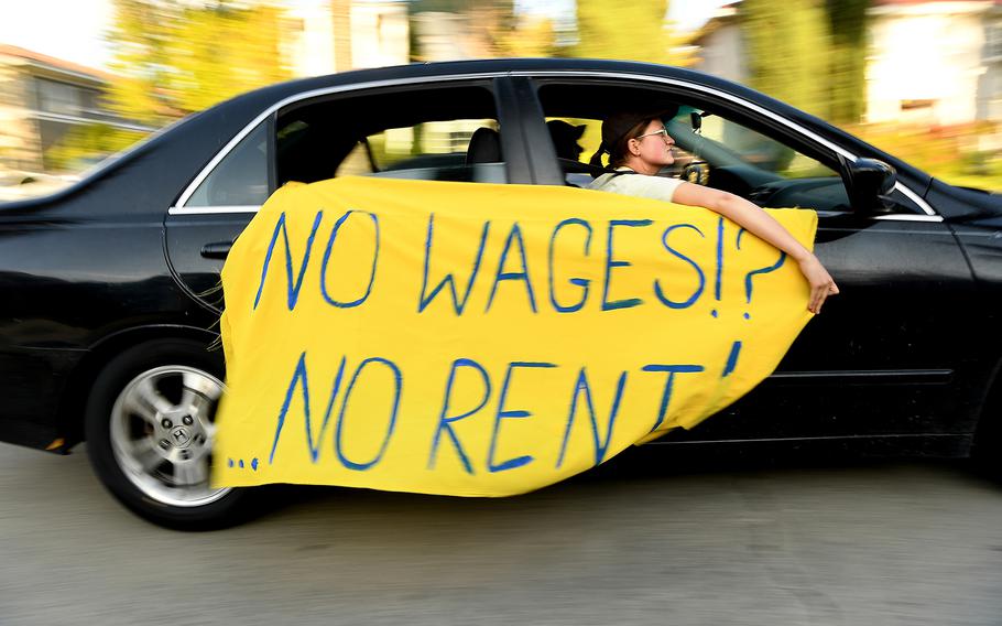 Protestors demand a moratorium on evictions in 2020 during the coronavirus shutdown. 