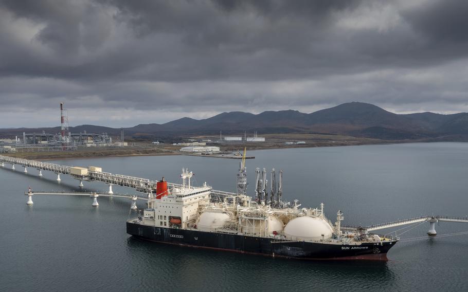 The tanker Sun Arrows loads its cargo of liquefied natural gas from the Sakhalin-2 project in the port of Prigorodnoye, Russia, Oct. 29, 2021. 