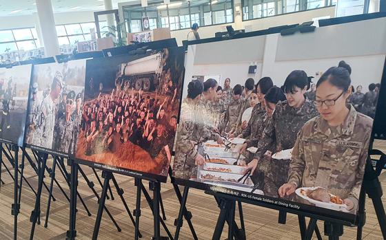 A photo exhibit celebrates the U.S.-South Korea alliance at the Sgt. 1st Class Ray E. Duke Memorial Library at Camp Humphreys, South Korea, Oct. 2, 2023. 