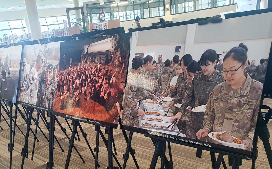 A photo exhibit celebrates the U.S.-South Korea alliance at the Sgt. 1st Class Ray E. Duke Memorial Library at Camp Humphreys, South Korea, Oct. 2, 2023. 