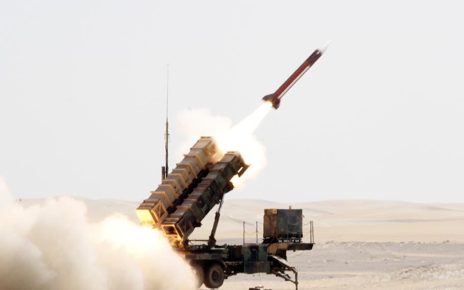 A Patriot missile launches into the air.