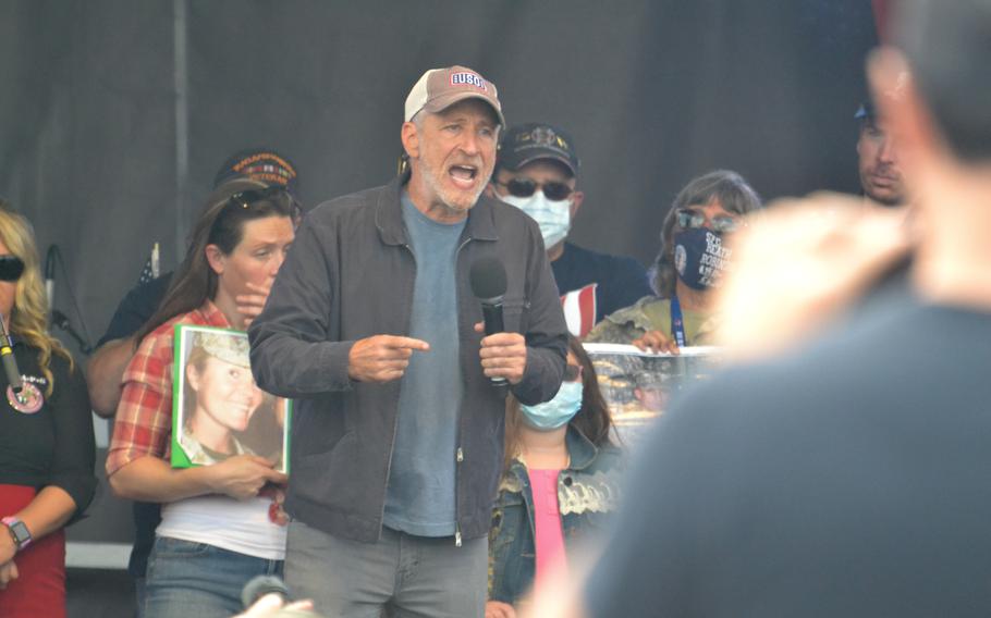 Comedian Jon Stewart joined veterans service organizations on Saturday, May 28, 2022, at a rally in Washington, D.C., urging lawmakers to pass a bill, known as the PACT Act, that would expand eligibility for health care and benefits to all veterans exposed to burn pits and other toxins.