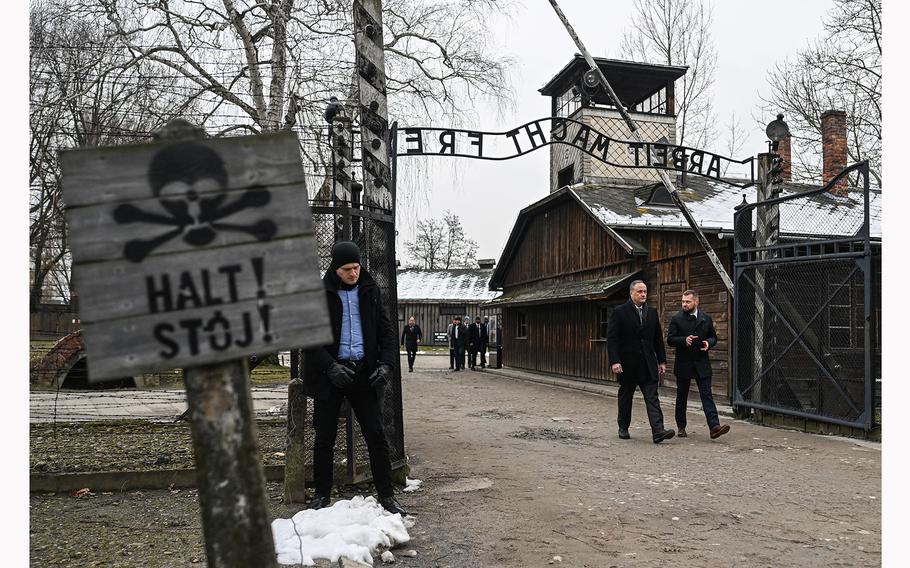 The main gate of the Auschwitz concentration camp on Jan. 27, 2023, Holocaust Remembrance Day, in Oswiecim, Poland.