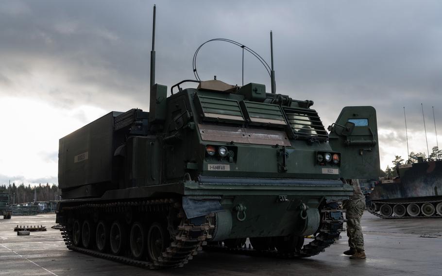 An M270A1 Multiple Launch Rocket System belonging to the 41st Field Artillery Brigade awaits maintenance at Tower Barracks in Grafenwoehr, Germany, on Feb. 1, 2024. The 41st will upgrade to the A2 model later this year.