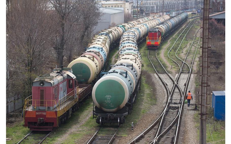 Rail cars sit on the tracks at a refinery in Tuapse, Russia, on March 23, 2020. Ukraine and Russia traded attacks on each other’s territory Wednesday, March 13, 2024, including a second day of drone attacks against Russian oil facilities, which President Vladimir Putin called an attempt to disrupt presidential elections set for this weekend.