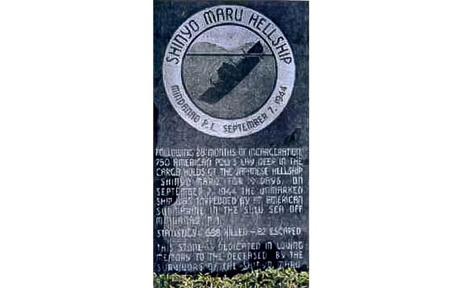 A plaque in San Antonio, Texas, dedicated to the survivors of the POW Hell Ship Shinyo Maru, sunk by USS Paddle (SS-263), is seen on Sept. 7, 1998 on the 54 anniversary of the ship’s sinking.