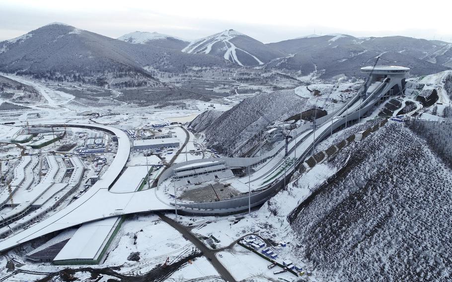 The Zhangjiakou National Ski Jumping Centre is seen after a snowfall in Zhangjiakou in northern China’s Hebei Province, Nov. 20, 2020. The venue will host ski jumping and nordic combined competitions at the upcoming 2022 Beijing Winter Olympics.