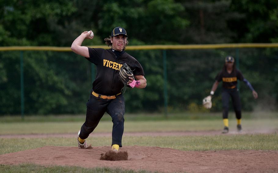 Vicenza freshman Max Thrash pitches during the Division II/III final against Naples at the 2025 DODEA European baseball championships on May 23, 2025, at Southside Fitness Center on Ramstein Air Base, Germany.