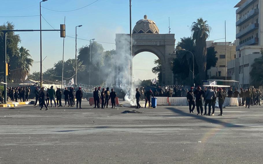 Security forces close the Green Zone in Baghdad, Iraq, on Dec. 27, 2021, while protesters demonstrated. On Thursday, Jan. 13, 2022, four rockets targeted the U.S. Embassy inside the Green Zone.