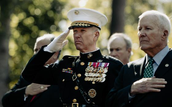 Commandant of the Marine Corps Gen. Eric M. Smith salutes during ceremonial colors at the 40th Beirut Memorial Observance Ceremony at Lejeune Memorial Gardens in Jacksonville, North Carolina, Oct. 23, 2023. The memorial observance is held annually on October 23 to remember the lives lost in the terrorist attacks at U.S. Marine Barracks in Beirut, Lebanon and Grenada. (U.S. Marine Corps photo by Lance Cpl. Zachary Zephir)