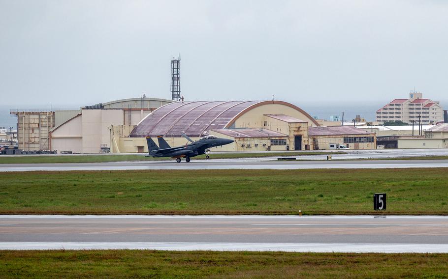 An F-15E Strike Eagle lands.