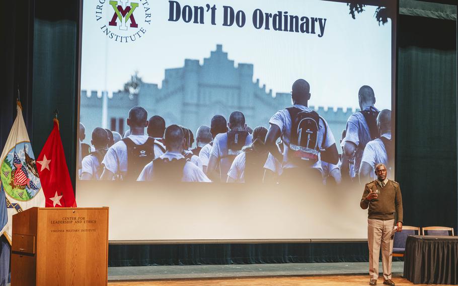 Superintendent Cedric T. Wins speaks to prospective students and families during an open house. The military college is facing a steep decline in enrollment. 