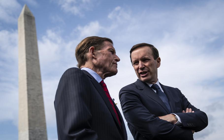 Sen. Richard Blumenthal, D-Conn., and Sen. Chris Murphy, D-Conn., speak at the opening of a gun violence memorial installation on the National Mall on June 7, 2022, in Washington, D.C. Murphy has led Senate negotiations on a bipartisan response to recent mass shootings, an effort in which Blumenthal is also participated. 