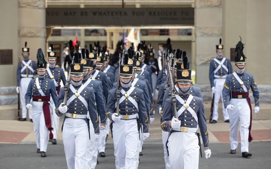 The Corp of Cadets march out of the barracks in May for a change-of-command ceremony at Virginia Military Institute in Lexington.