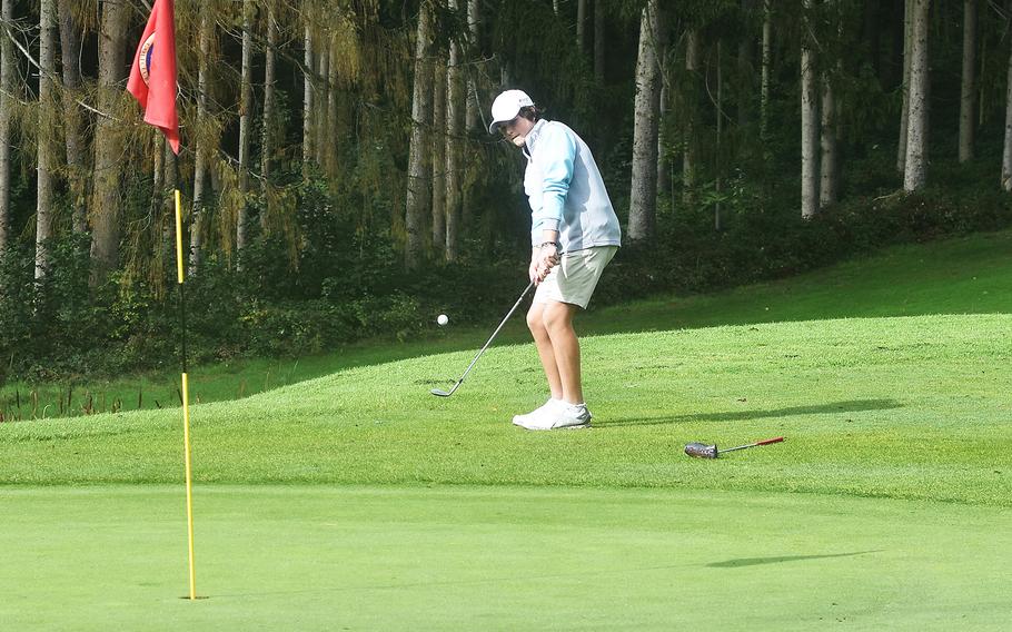 Stuttgart’s Mark Heinz hits a ball during the DODEA-Europe golf championships held at Wiesbaden’s Rheinblick Golf Course on Thursday, Oct. 7, 2021.