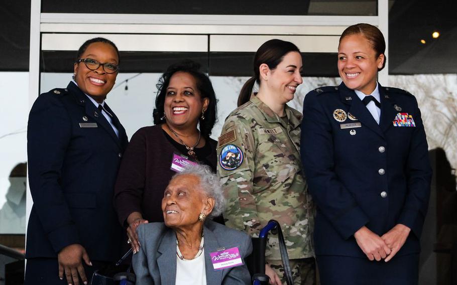 Women Who Shape The State Lifetime Achievement Award winner Pvt. Romay Davis poses with Cmdr. Joan Thompson, retired Lt. Col. Stacia Robinson, Maj. Kate Hewlett and Col. Eries L. G. Mentzer on International Women's Day in Birmingham, Ala. on March 8, 2023.
