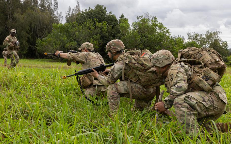 Soldiers train at East Range on Schofield Barracks, Hawaii, Feb. 1, 2024. The Army will be lighting controlled burns at its Schofield Barracks training range complex this week in an effort to prepare for and prevent potential wildfires as Hawaii’s rainy season dries up.