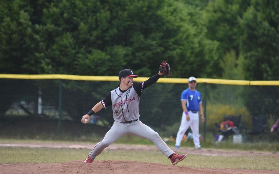Kaiserslautern's Logan Bell pitches Thursday, May 22, 2025, at the DODEA-Europe Division I baseball championshps on Ramstein Air Base, Germany.