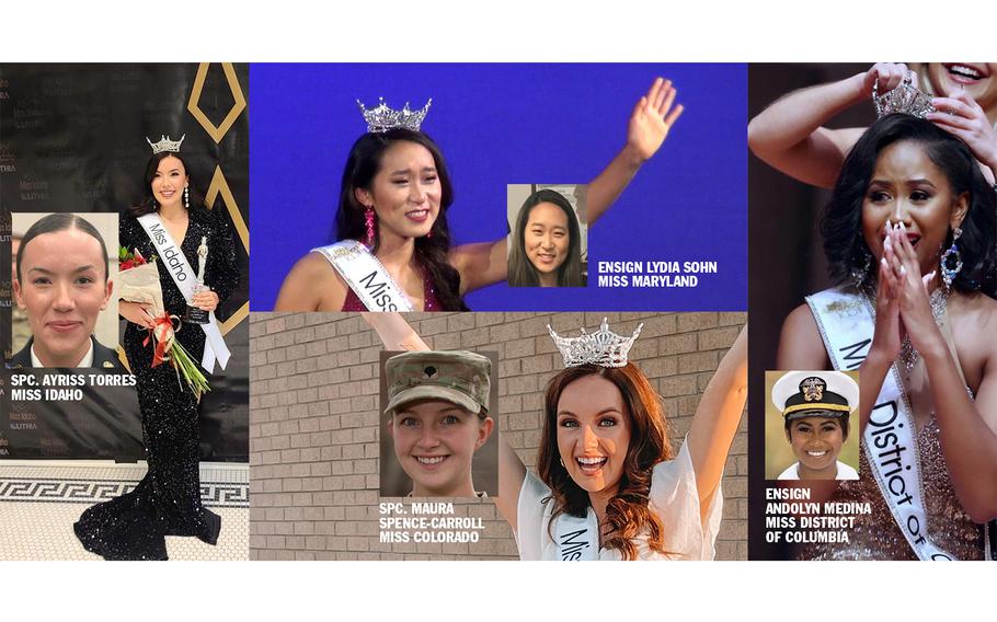 Clockwise from left: Spc. Ayriss Torres, 21, a civil affairs specialist in the Army Reserve, will compete in the Miss America pageant as Miss Idaho. Ensign Lydia Sohn, 25, will compete as Miss Maryland. She is in a Reserve status as she prepares to enter Des Moines University College of Osteopathic Medicine in 2022. Navy Ensign Andolyn Medina, 25, will compete as Miss District of Columbia. She is currently in a Reserve status to attend George Washington University as a full-time doctoral candidate in clinical psychology. Spc. Maura Spence-Carroll, 21, an intelligence analyst in the 4th Infantry Division at Fort Carson, Colo., will compete as Miss Colorado. 