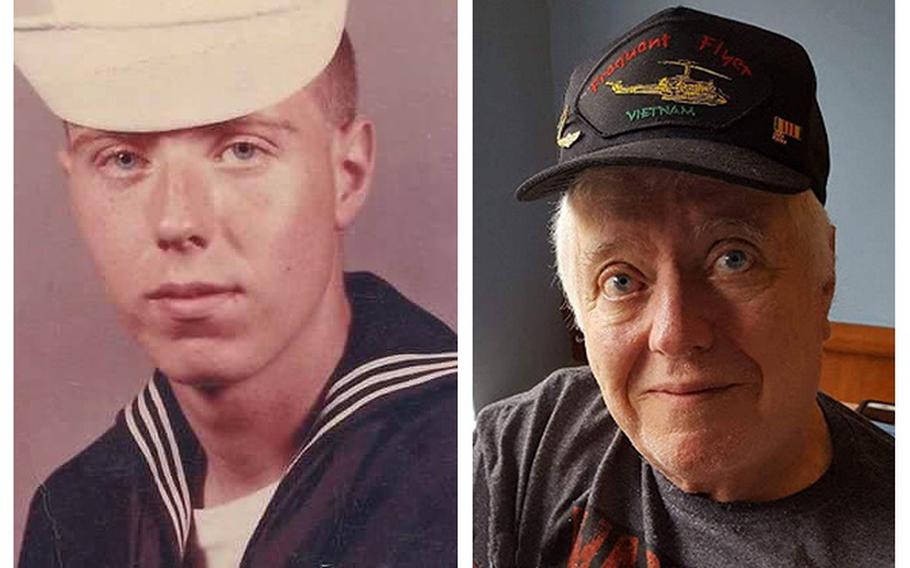 Tom Devine in uniform during his service, and Devine in recent years as a veteran.
