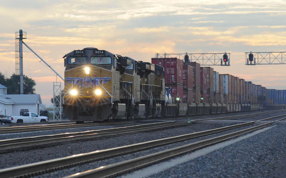 A Union Pacific train drives through Nebraska on Aug. 9, 2010. A train hauling coal derailed Tuesday in Nebraska, marking at least the fourth time in less than a month that a freight train has gone off its rails nationwide.