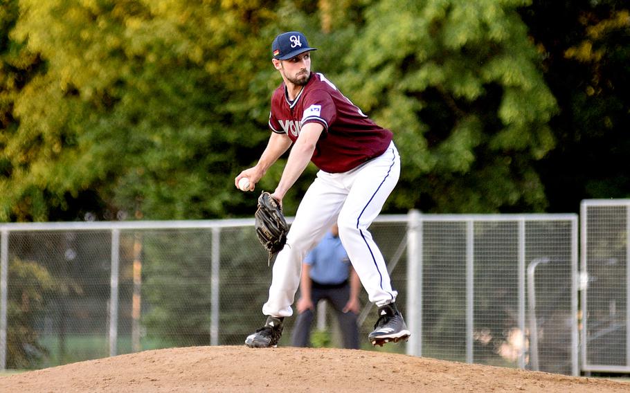 Heidenheim's Sven Schueller pitches during a 9-7 win over the Stuttgart Reds on June 9, 2023, at TVC Ballpark in Stuttgart, Germany. The Heidekoepfe leads the Baseball Bundesliga South heading into the final weeks of the regular season.