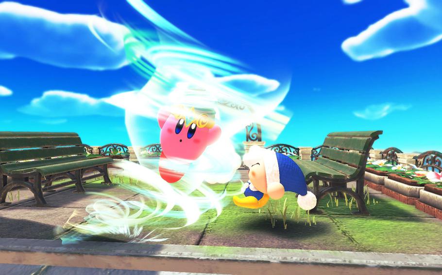 Kirby takes advantage of special powers throughout the game, in this case becoming a tornado.