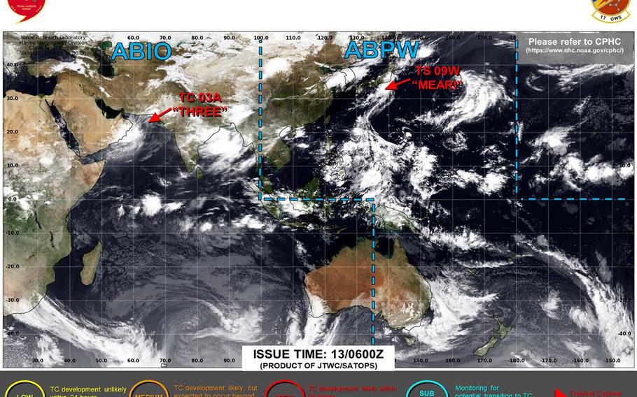 Initial forecast track shows Hinnamnor headed northeast of Okinawa, toward east coast of Kyushu late this week.